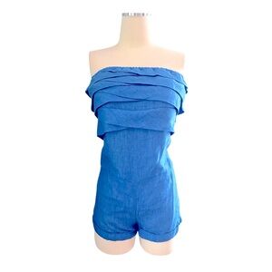 ITALY Mario Romano Blue Linen Ruffled Shorts Romper Sz XS